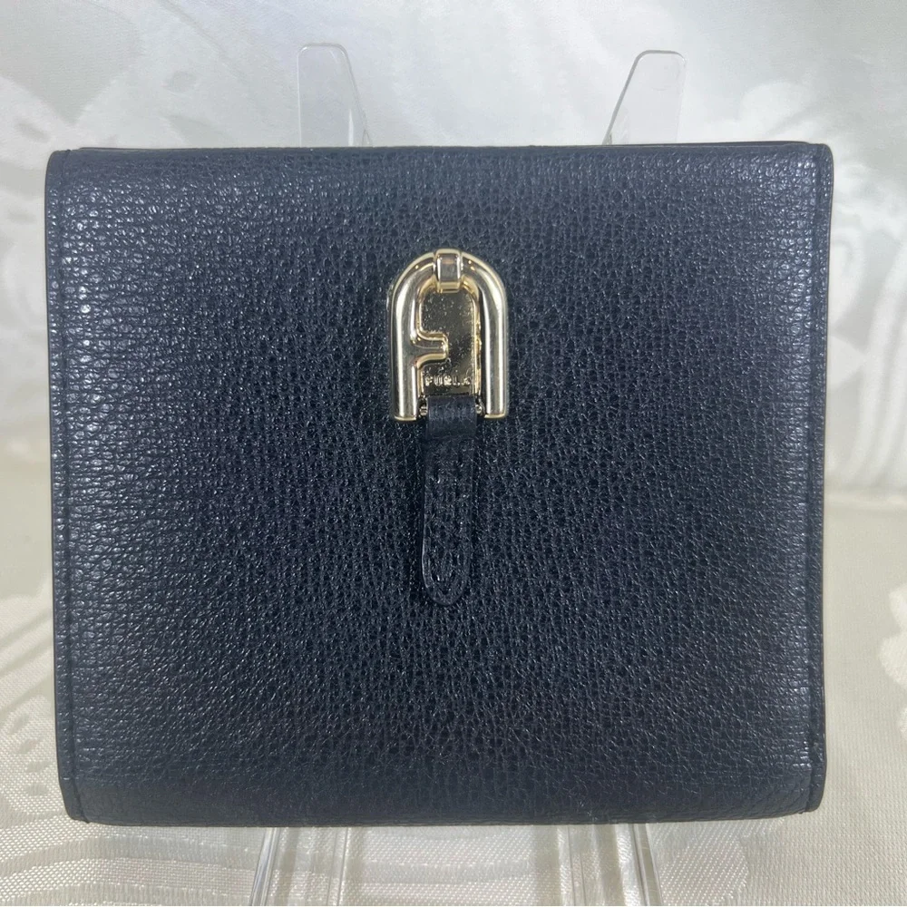 1017: Furla Black Pebbled Leather Compact Bifold Wallet